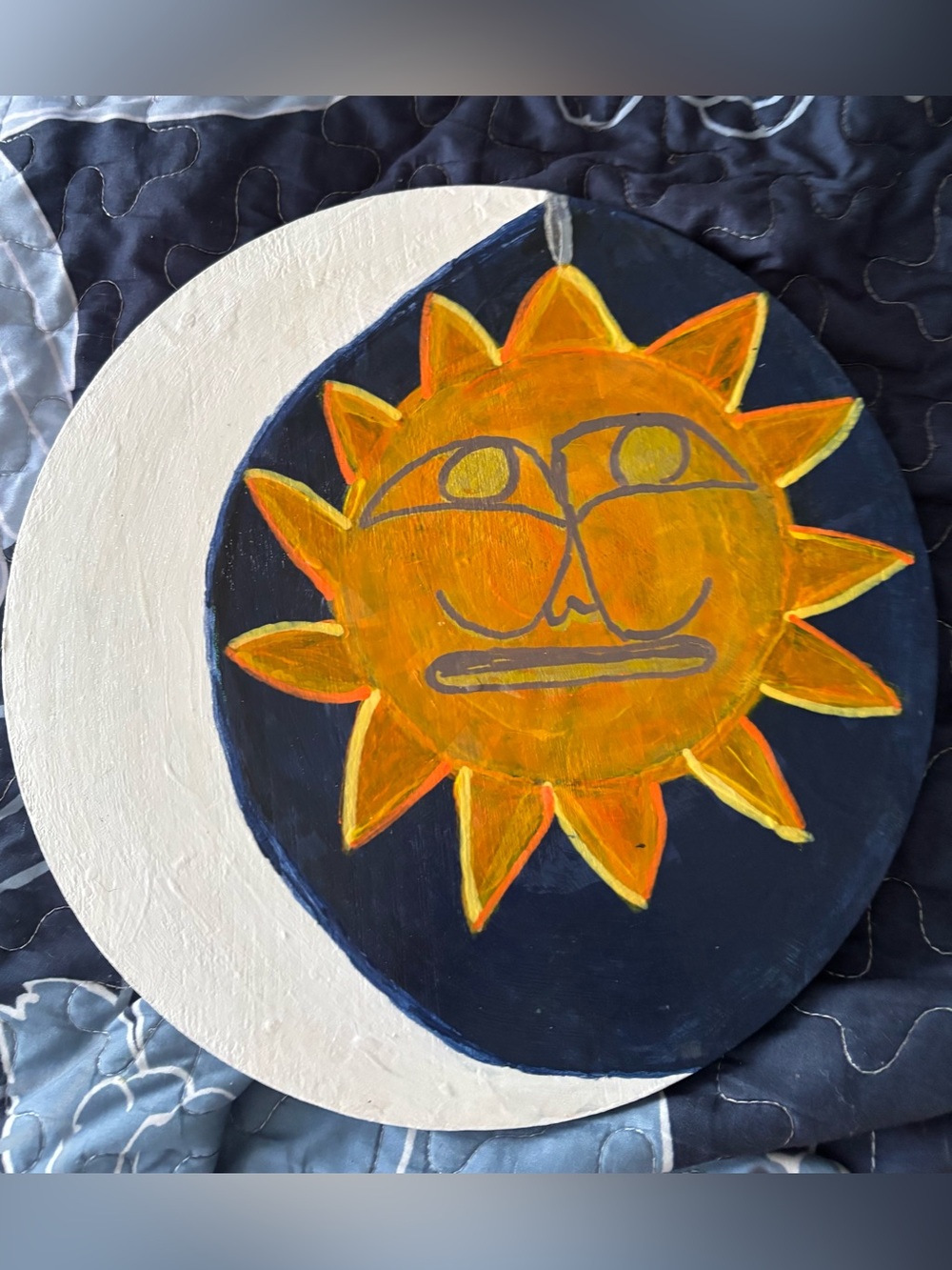 Hand-Painted Sun and Moon Wall Art - Yellow Sun on Navy Background